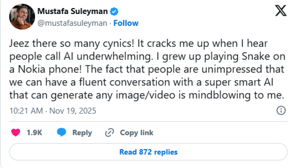 Suleyman saying "Jeez there are so many cynics"