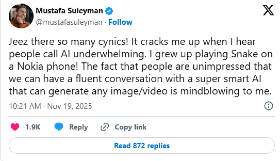 Suleyman saying "Jeez there are so many cynics"