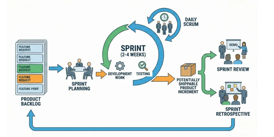 A diagram showing scrum process flow.