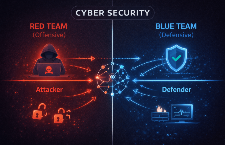 Infographic comparing Red Team vs. Blue Team cybersecurity roles