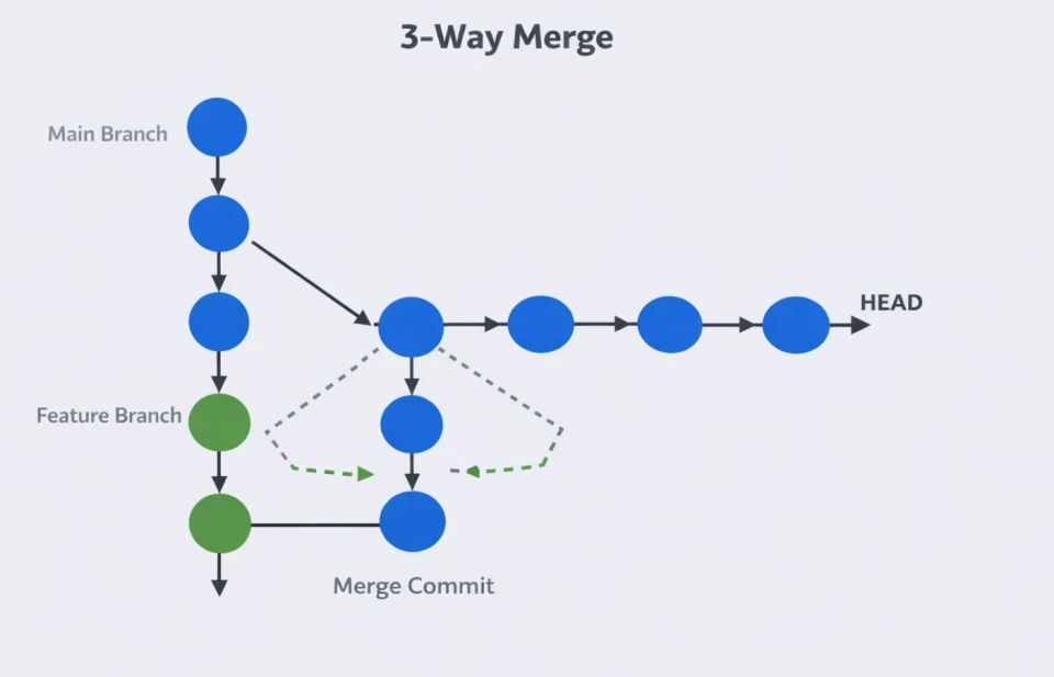 commit graph diagram here: 3-way merge with a merge commit