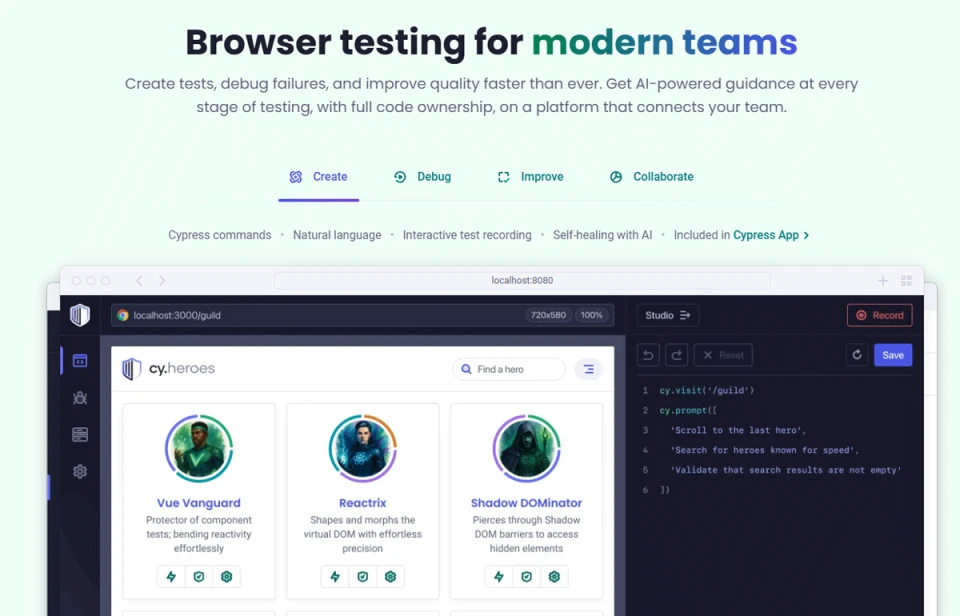 Cypress test runner interface showing real-time test execution with time-travel debugging and DOM snapshots