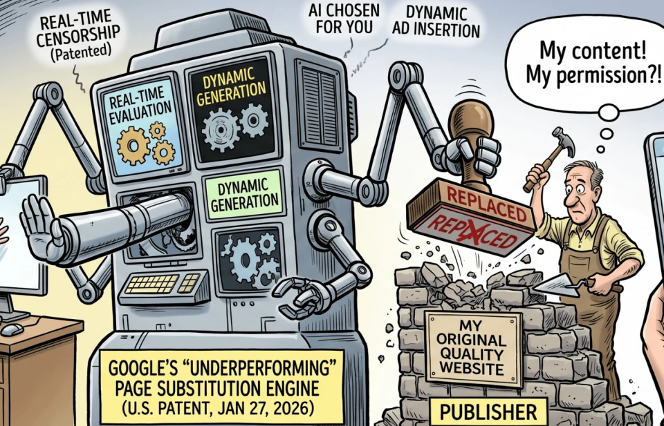 A political cartoon showing a robot replacing original websites with AI